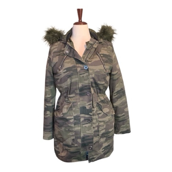 Express Olive Green Camo Print Faux Fur Hooded Jacket Coat Parka Size Small - Picture 1 of 13